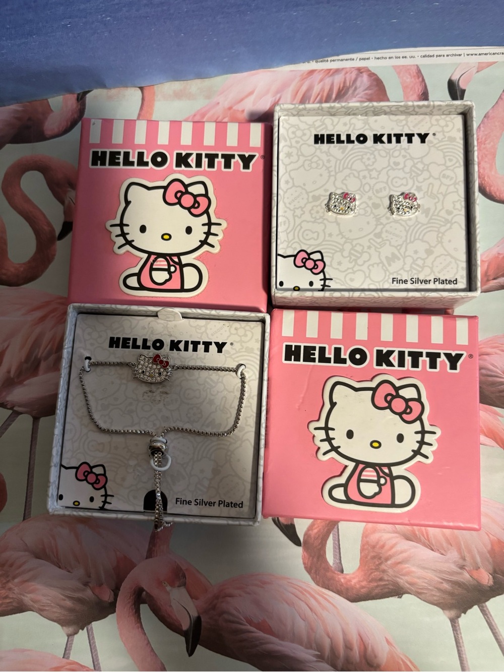 Hello Kitty Silver Plated Necklace & Stud Earring Set with Pink Accents